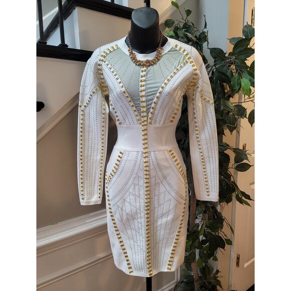 Chic Beading Bandage Long Sleeve Bodycon Party Mini Dress Size Large - Picture 2 of 12